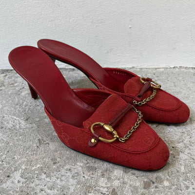 FW03 Gucci By Tom Ford Monogram Canvas Horsebit Chain Mule Heels