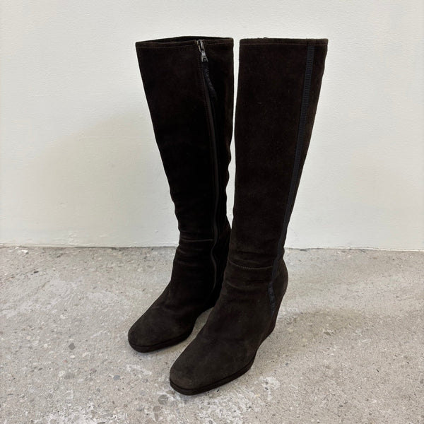 00s Prada Suede Knee High Wedge Boots