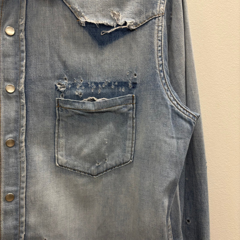 SS19 Yves Saint Laurent Paris Heavy Distressed Denim Shirt