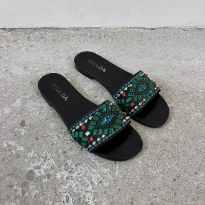 SS20 Prada Printed Crystal Embellished Slides