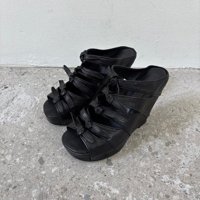 SS11 Rick Owens Knotted Ties Peep Toe Leather Wedge Heels