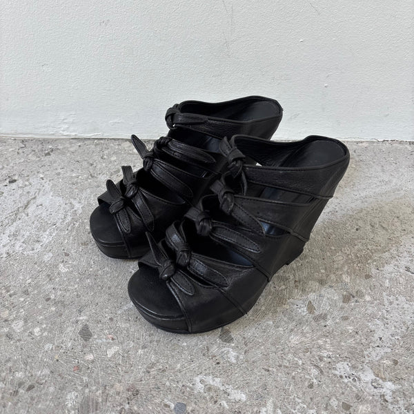 SS11 Rick Owens Knotted Ties Peep Toe Leather Wedge Heels