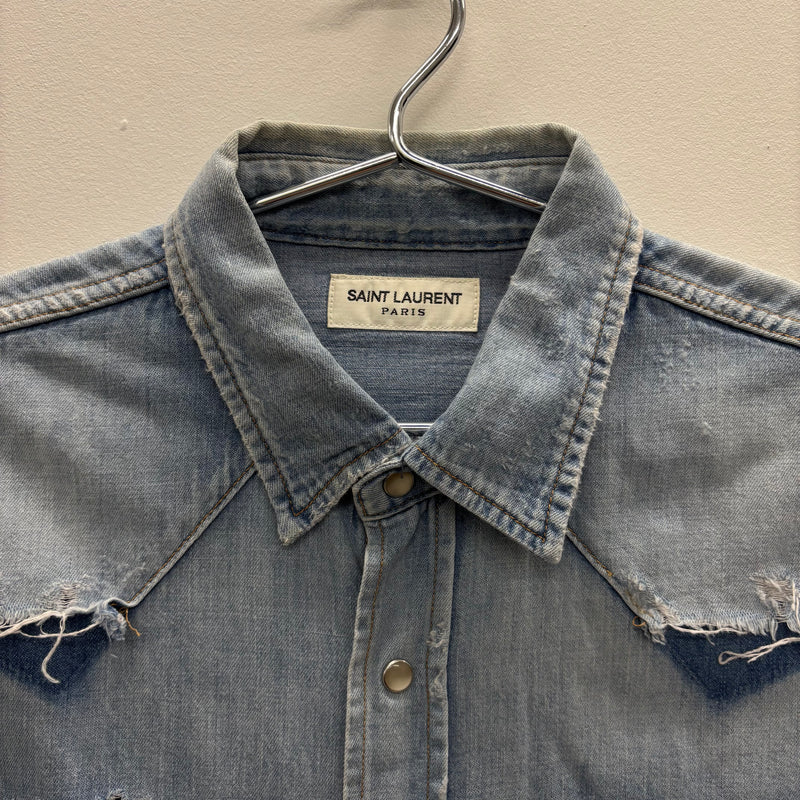 SS19 Yves Saint Laurent Paris Heavy Distressed Denim Shirt
