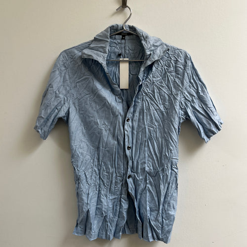 Shellac Wrinkle Finished Pleated Short Sleeve Button-Up