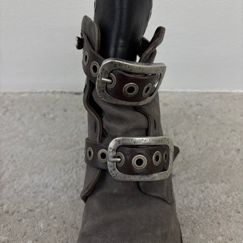 A.S. 98 Grey Buckle Leather Ankle Boots