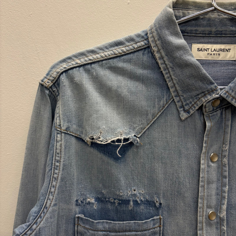 SS19 Yves Saint Laurent Paris Heavy Distressed Denim Shirt