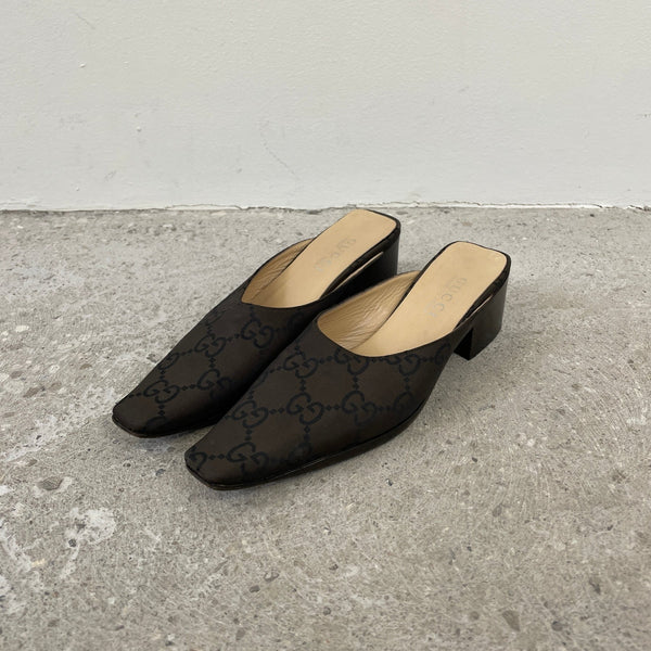 SAMPLE Gucci Monogram Low Block Heel Mules