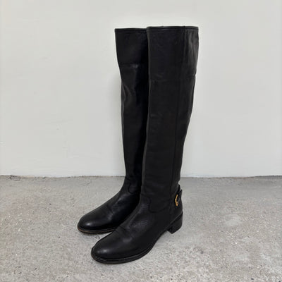 00s Prada Gold Buckle Knee High Leather Riding Boots