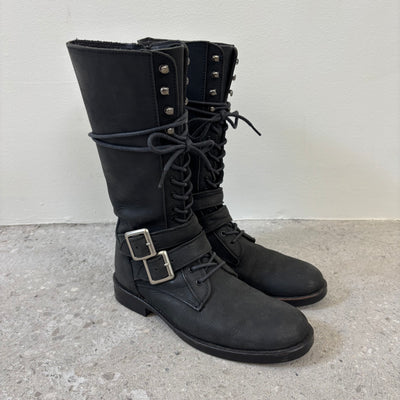 5351 Pour Les Femmes Tall Buckle Lace Up Leather Boots