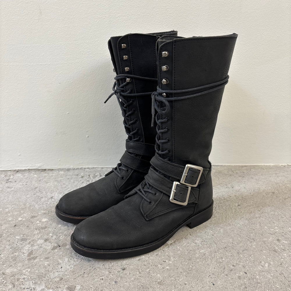5351 Pour Les Femmes Tall Buckle Lace Up Leather Boots